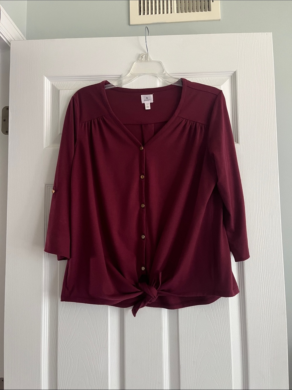 dressbarn Burgundy Button-Front Tie Hem Top